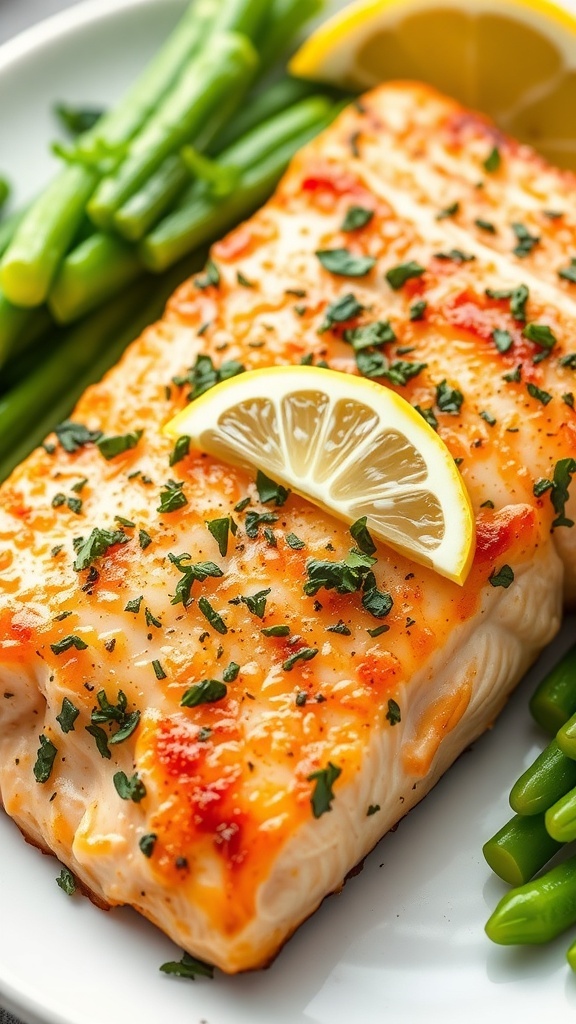 Air Fryer Salmon Recipe Crispy air fryer salmon fillet garnished with herbs and lemon on a plate with vegetables.